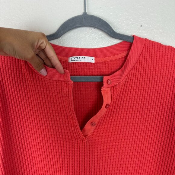 Stateside Red Waffle Knit Ribbed Long Sleeve Top M Henley Soft Stretchy - Picture 2 of 9